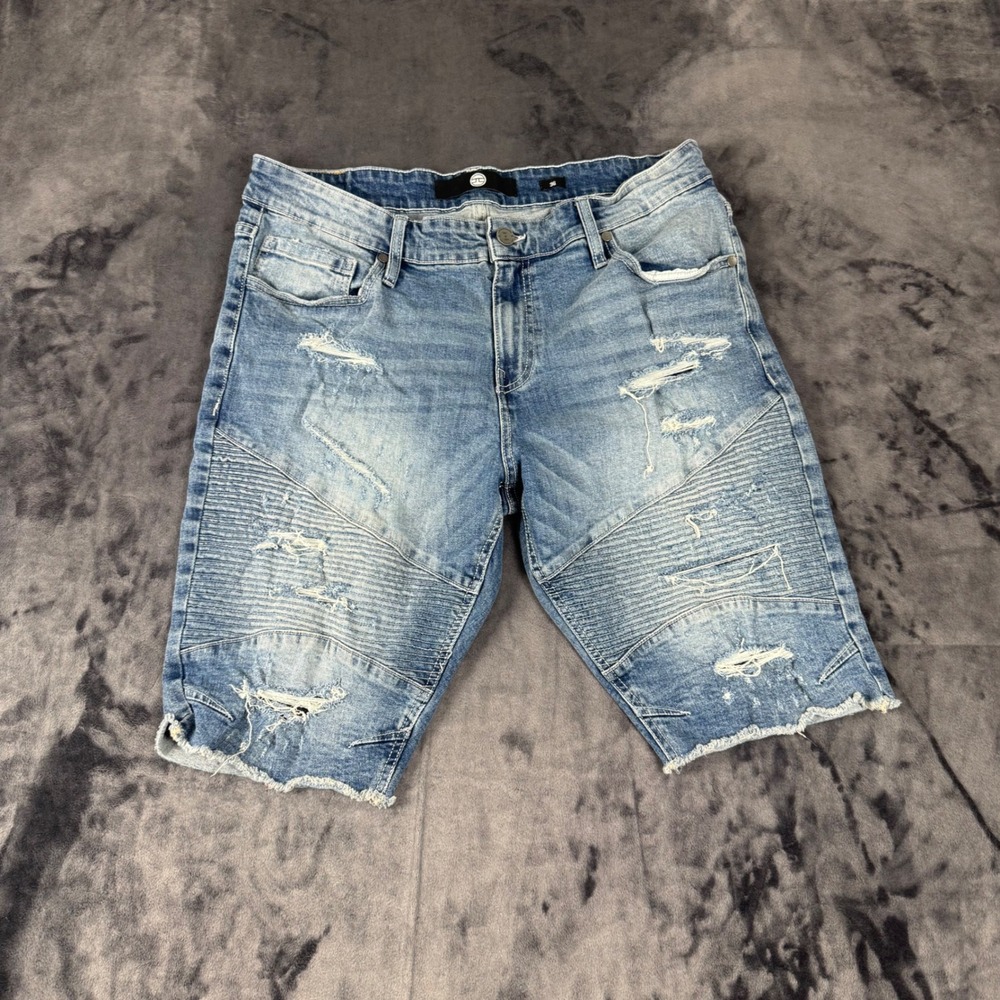 Jordan Craig Moto Denim Shorts Mens 36 Blue Distressed Ripped Biker Raw Hem